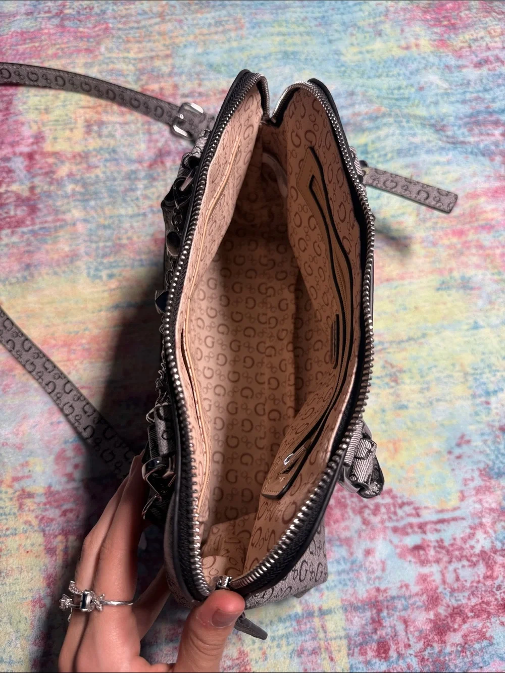 Guess Monogram Satchel in Taupe and Black